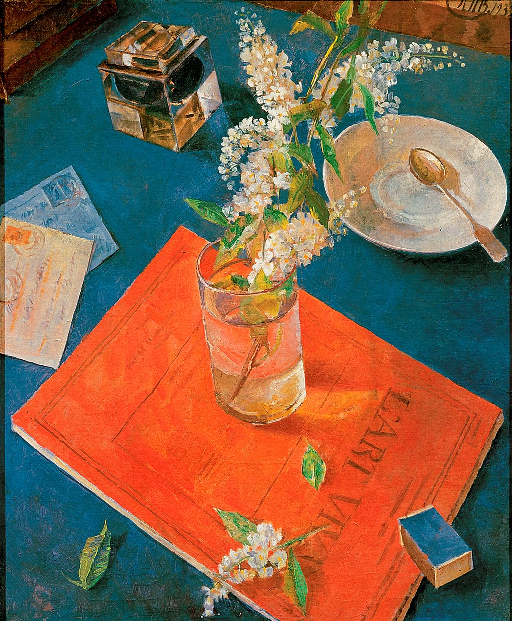 Madárcseresznyefa ága egy pohárban, 1932. alkotó: Kuzma Sergeevich Petrov Vodkin