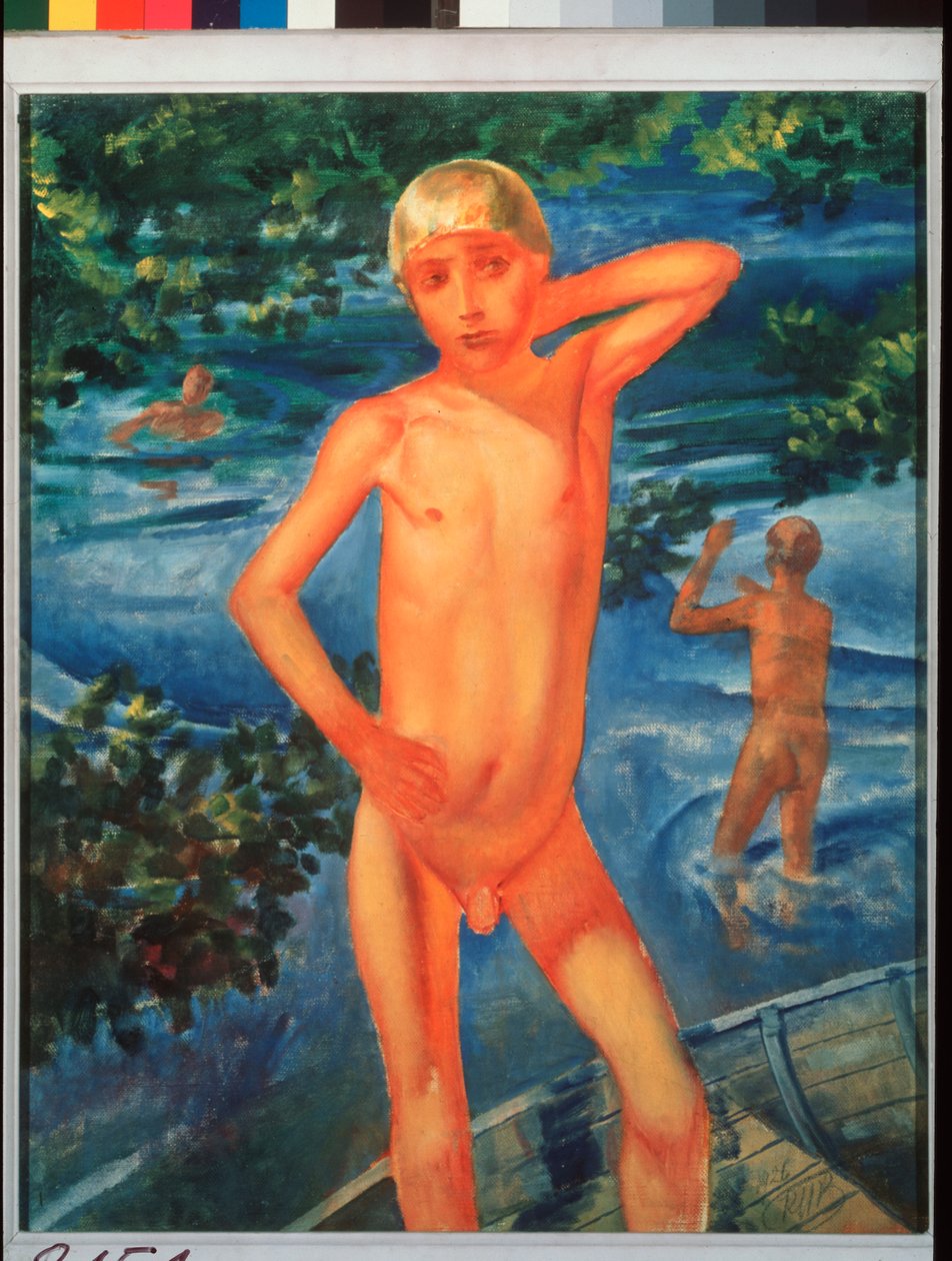 Fiúk fürdenek. Kuzma Szergejevics Petrov Vodkin (Petrov-Vodkin) festménye (Kouzma Petrov Vodkin) (Petrov-Vodkin) (1878-1939), olaj, vászon alkotó: Kuzma Sergeevich Petrov Vodkin