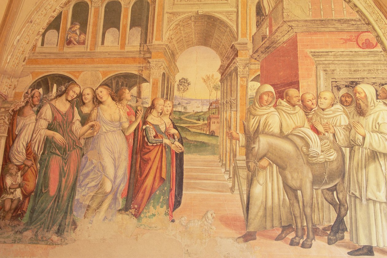 Florent laza nőket küld a kolostorba, Szent Benedek életéből, 1497-98 alkotó: L. and Sodoma, G. Signorelli