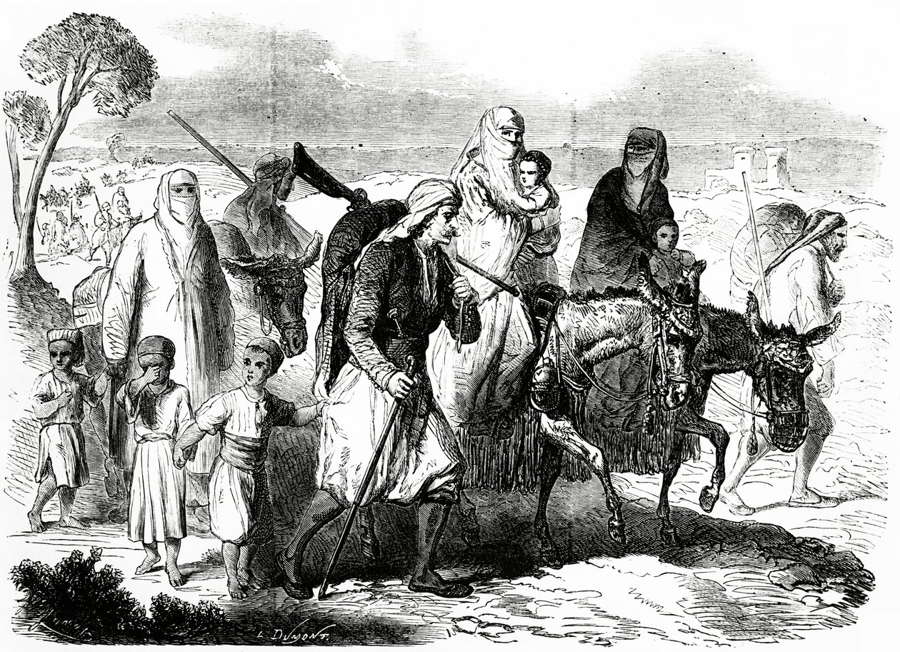 Damaszkuszból Bejrútba emigráló keresztények, illusztráció a Le Monde Illustréból, 1860. november 24. alkotó: L. Dumont