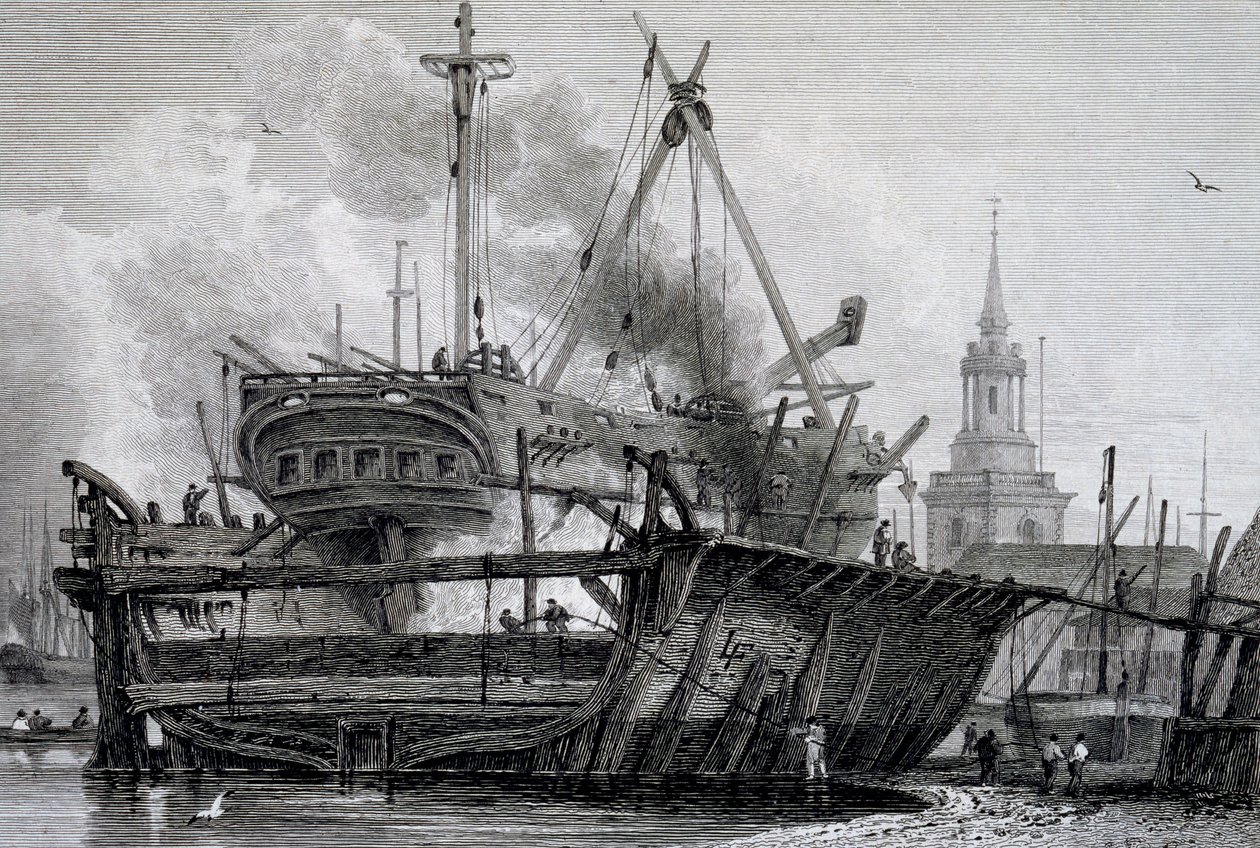 Rotherhithe, az úszó dokk 1815-ben, J. C. Allen metszetét a WB és George Cooke által kiadott Views on the Thamesből, 1822 alkotó: L. Francia