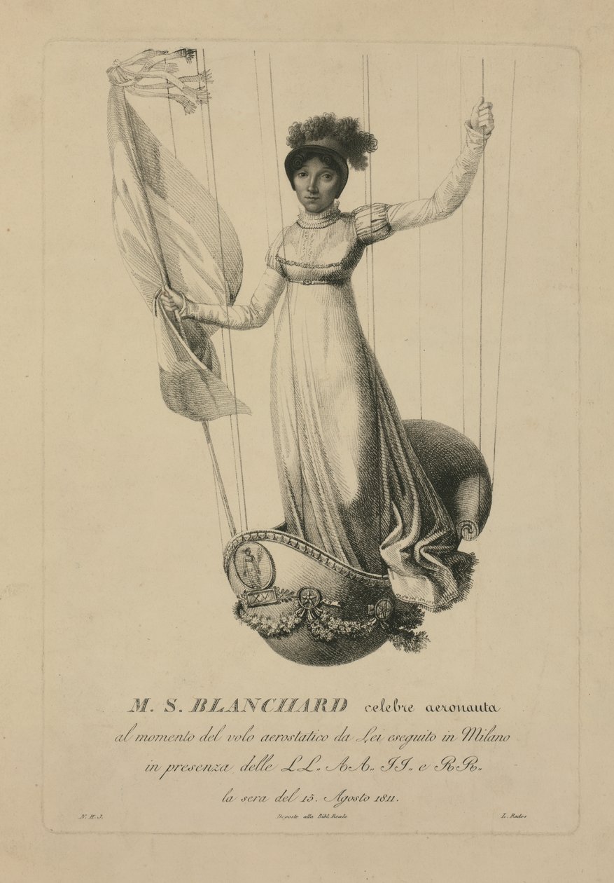 Sophie Blanchard léggömbje kosarában milánói repülése közben Napóleon jelenlétében, 1811 alkotó: L. Rados