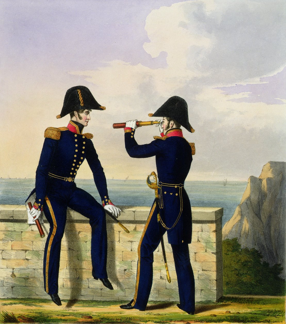 Hadnagyok, 1. tábla a „Királyi haditengerészet és tengerészgyalogság jelmezéből”, a művészek metszetei, 1830-37 körül (színes litográfia) alkotó: L. and Eschauzier, St. Mansion