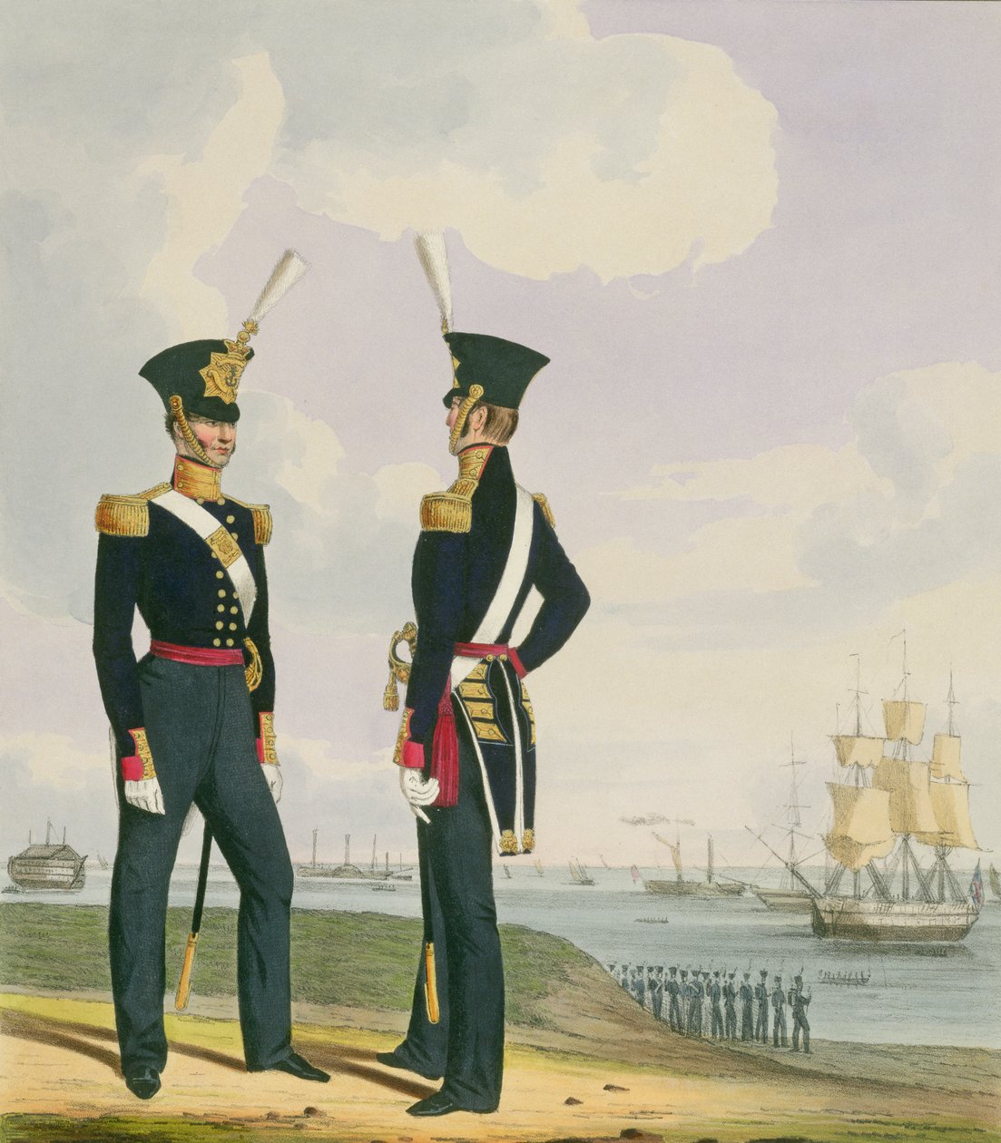 Sebészek, 6. tábla a „Királyi haditengerészet és tengerészgyalogság jelmezéből”, a művészek metszete, 1830-37 körül alkotó: L. and Eschauzier, St. Mansion