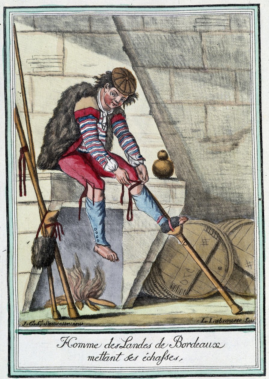 Férfi Landes de Bordeaux-ból gólyalábasban – J. Grasset, St Sauveur, Deron, Párizs „” Utazások enciklopédiájában” alkotó: L.F. Labrousse