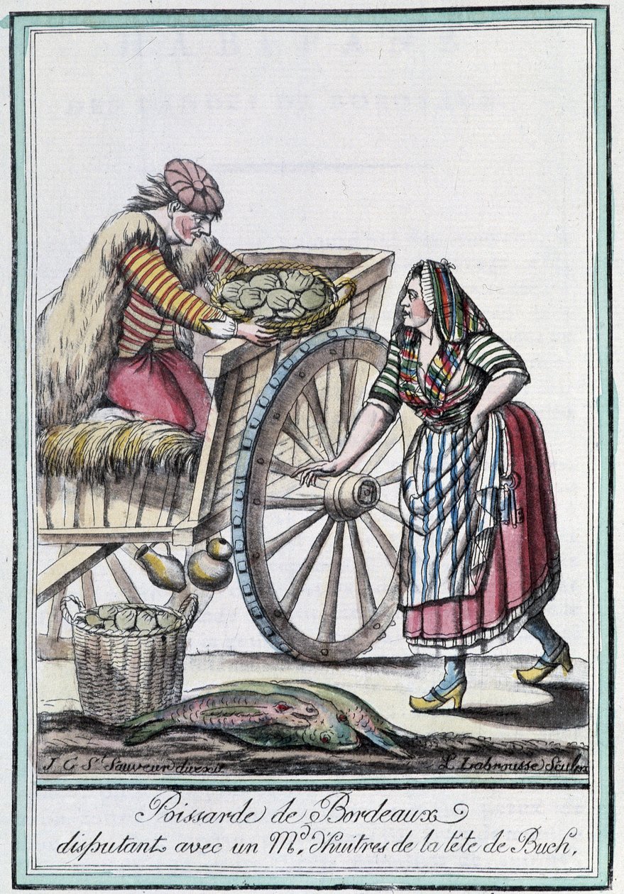 Poissarde de Bordeaux vitatkozik egy osztrigakereskedővel a Buch éléről – J. Grasset, St Sauveur, Deron, Párizs „” Utazások enciklopédiája” című könyvében alkotó: L.F. Labrousse