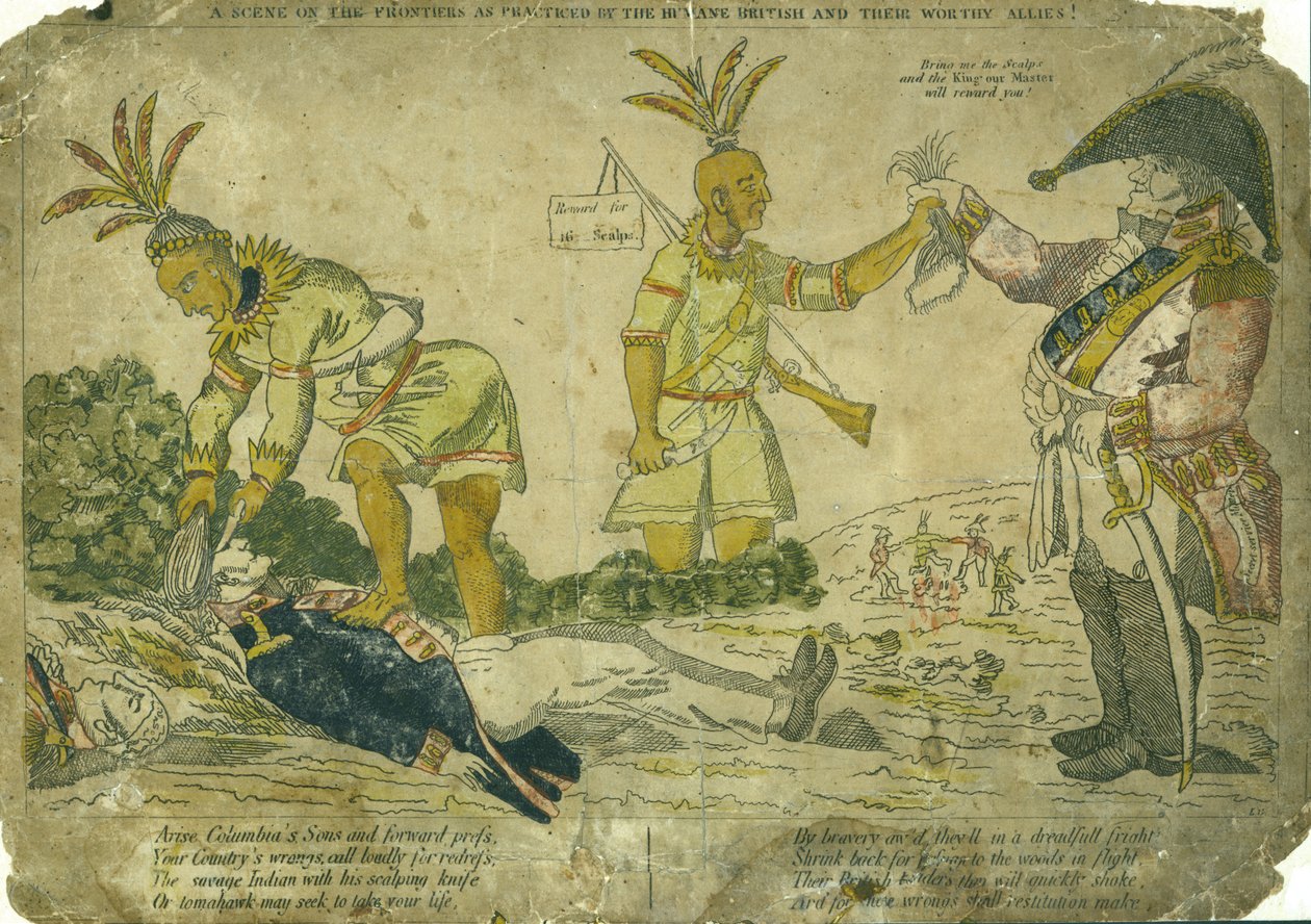 Vízszintes, kézi színű metszet, amelyen egy brit tiszt látható, aki amerikai indiánoknak fizet a fejbőrnek és amerikai katonának alkotó: LG after William Charles