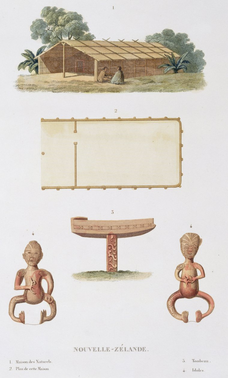 Szellemház Új-Zélandon a világ körüli utazásból, amelyet a La Corvette de Sa Majeste, La Coquille királyi parancsa hajtott végre 1822, 1823, 1824 és 1825 között, Louis Isidore Duperrey (17. alkotó: L.I. and Chazal, A. Duperrey