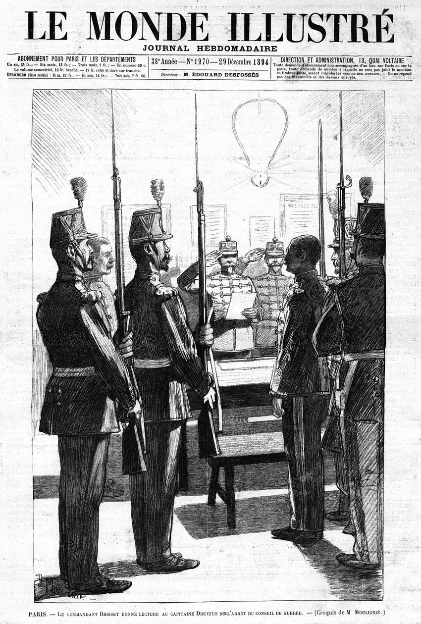 A parancsnok felolvasta Alfred Dreyfus kapitánynak: A Haditanács letartóztatása Párizsban. Vázlat de Moulignie úrról. A „” Le Monde Illustré” című hetilapban, 1970. szám, 1894. december 29. alkotó: L. Moulignie