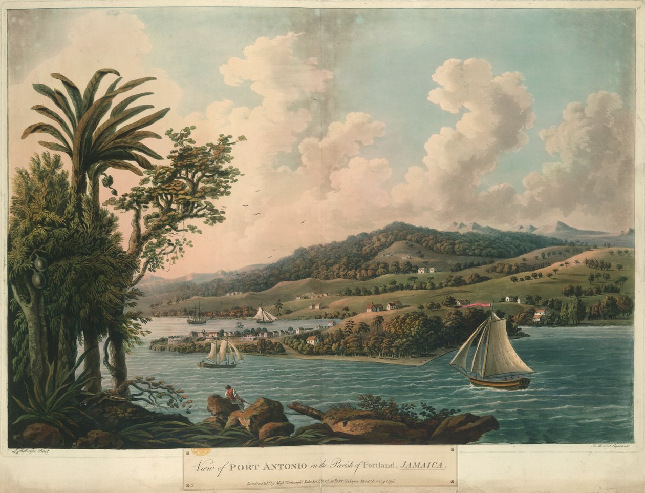 Port Antonio, Hat nézet Jamaica szigetén, I. Merigot litográfiája alkotó: L. (after) Bellenger