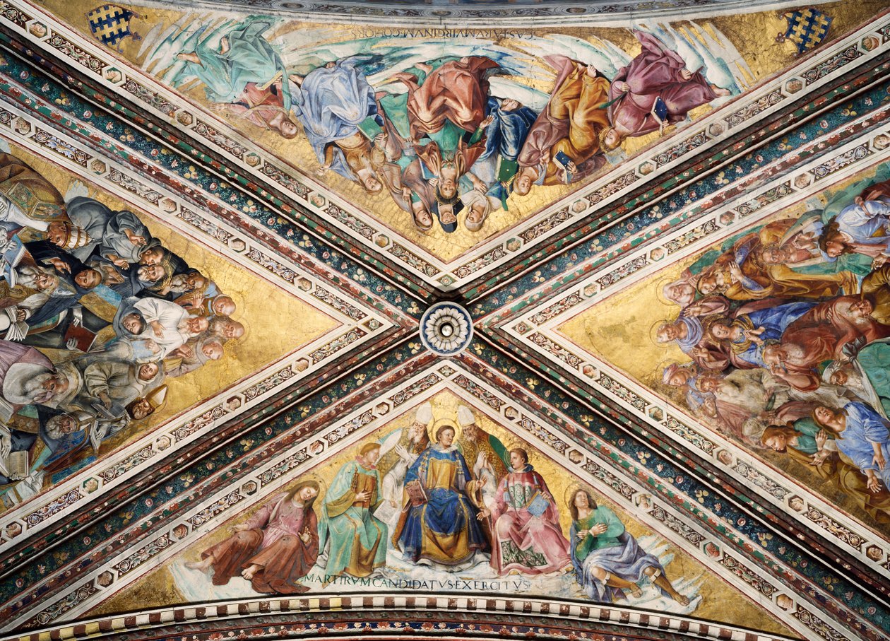 Fra Angelico és Luca Signorelli néven ismert Giovanni da Fiesole freskókkal díszített boltozata, a Madonna di San Brizio kápolna, Orvieto katedrálisa. Olaszország alkotó: L Fra Angelico and Signorelli