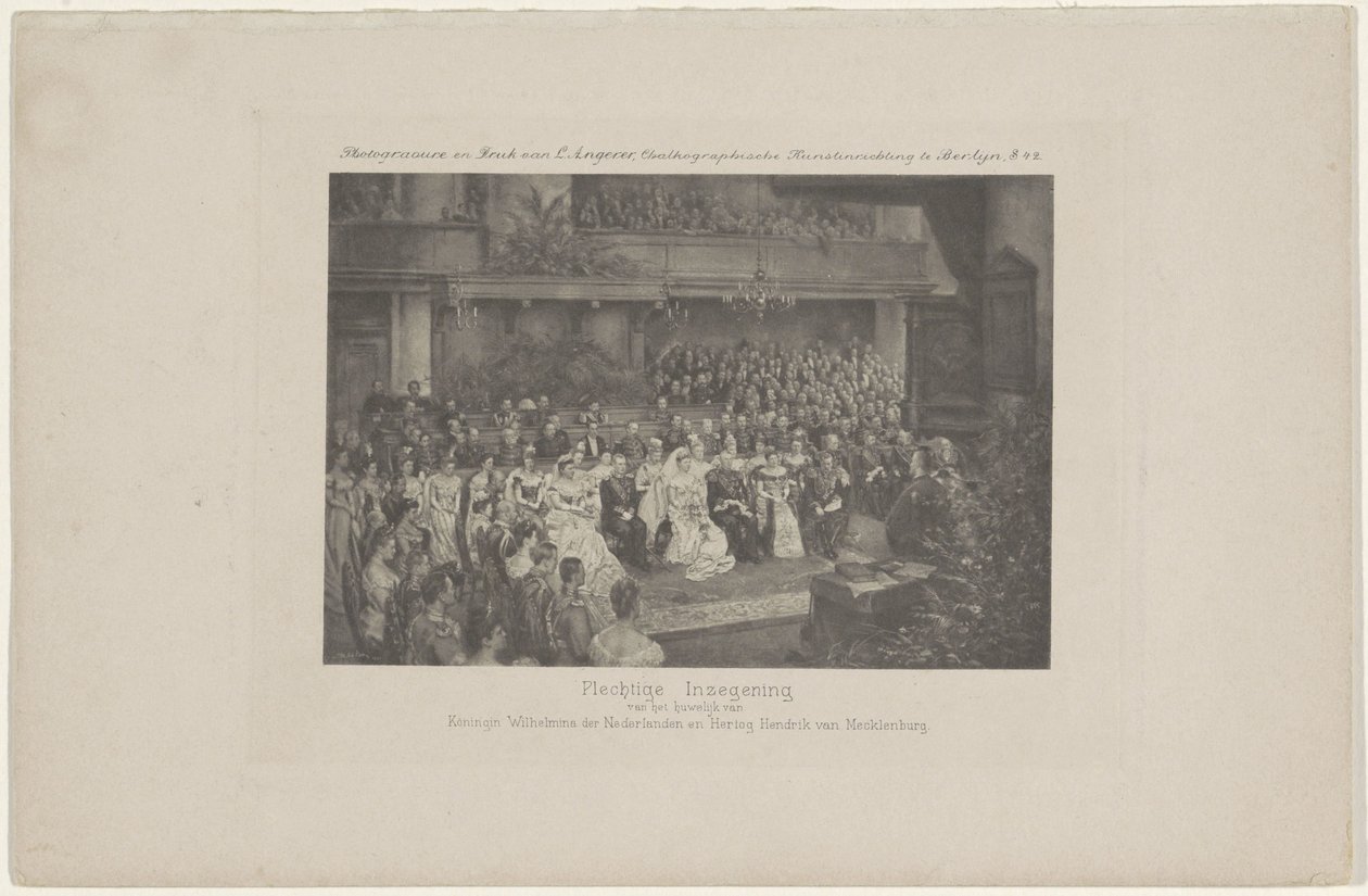 Vilmos királyné és Hendrik herceg házasságának áldása, 1901 Vilmos holland királyné és Hendrik mecklenburgi herceg házasságának ünnepélyes megáldása (cím a tárgyon) alkotó: L. Angerer