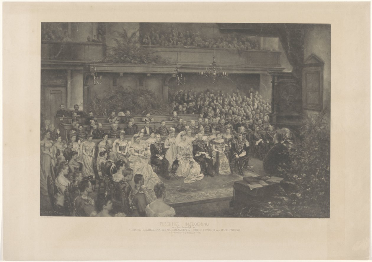 Vilmos holland királynő és Hendrik mecklenburgi herceg házasságának ünnepélyes megáldása Hágában, 1901. február 7-én (cím a tárgyon) alkotó: L. Angerer
