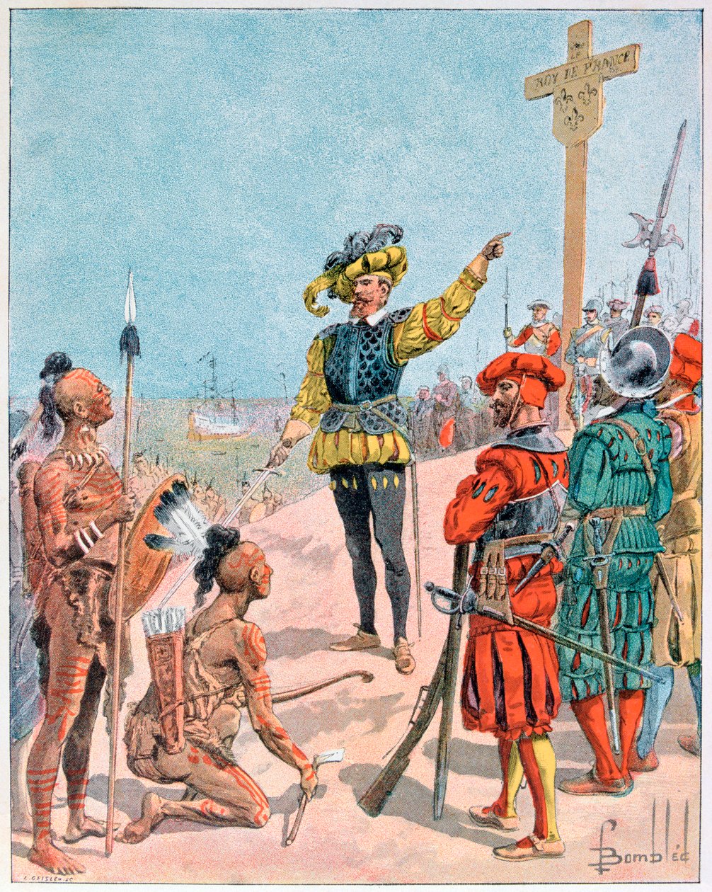 Jacques Cartier birtokba veszi a Gaspe-öblöt, Kanadában, 1534 1900 alkotó: L Geisleh