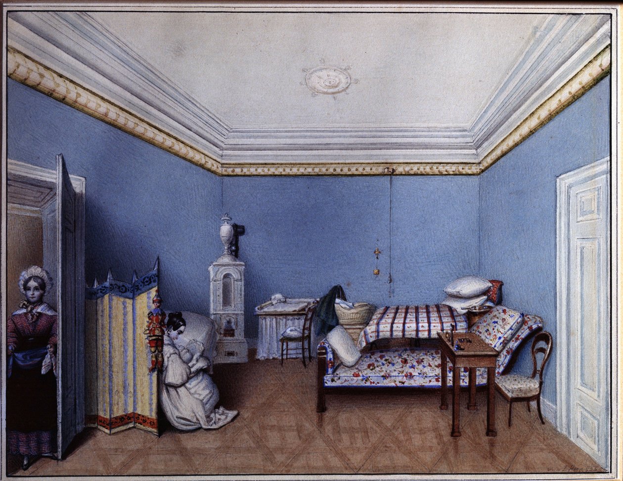 ""A hálószobában"" L. Hern akvarellje (19. század) 1835 A. Puskin Emlékmúzeum, Szentpétervár alkotó: L. Hern