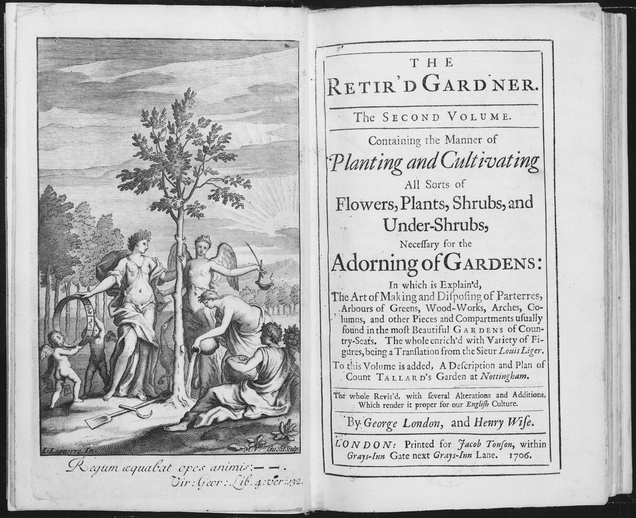George London és Henry Wise A nyugdíjas kertész homlokzata, Van der Gucht metszet, 1706 (bw fotó) alkotó: L. Laguerre