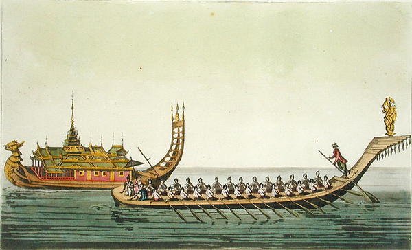 Burmai hajók, illusztráció Giulio Ferrario „Le Costume Ancien et Moderne” című művéből, az 1820-as és 30-as évek körül megjelent (színes metszet) alkotó: L. Rossi