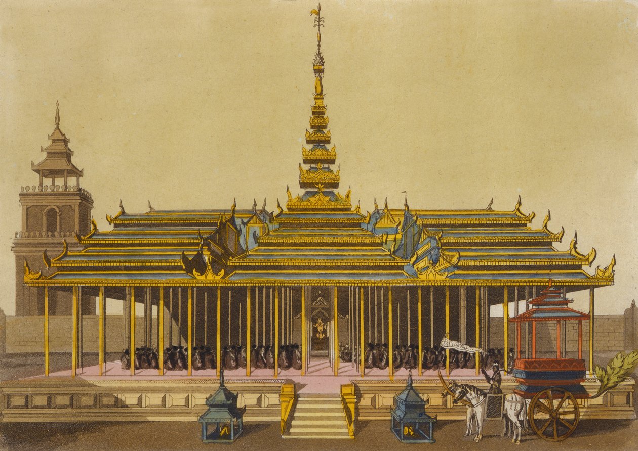 Sziám királya az udvaroncokat szólítja meg pavilonjában, Jules Ferrario Le Costume Ancien et Moderne című művének 69. táblája, Gaetano Zancon (1771-1816) metszete, az 1820-as és 30-as évek körül megjelent alkotó: L. Rossi