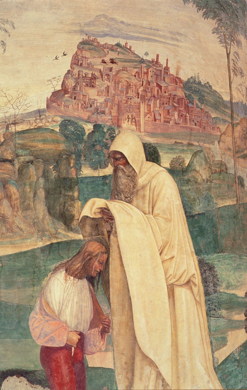Szent Benedek élete, 4. jelenet: A Romanus szerzetes felöltözteti Benedeket alkotó: L. Signorelli