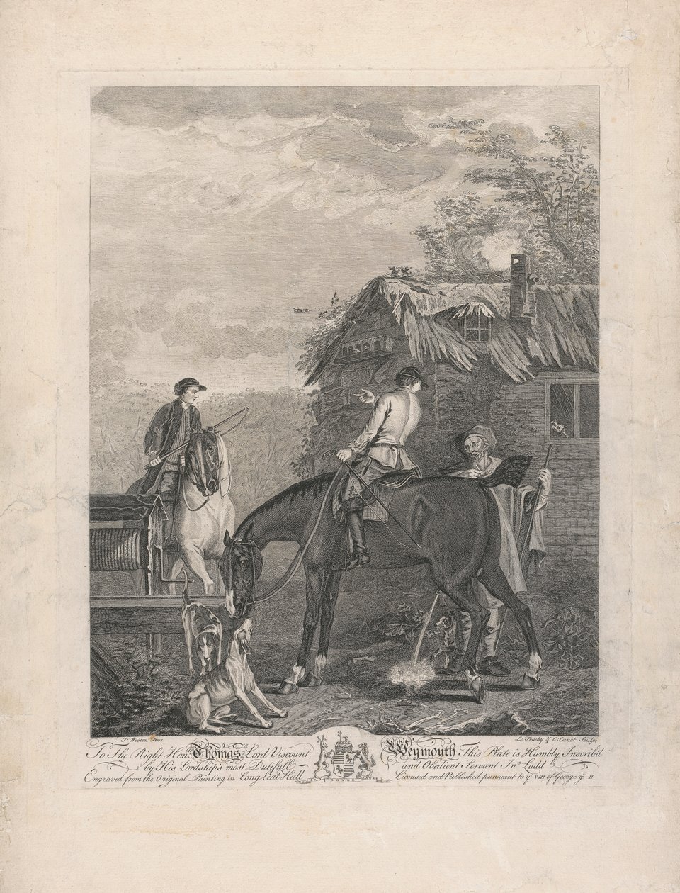 Egy hétből álló készlet, cím nélkül, mindegyik dedikált: A jobboldalnak. Thomas Lord Weymouth vikomt... a Long Leat Hall eredeti festményéből. [Középen, szürke egy vadászszolga, más lovakkal és vadászkutyákkal...] alkotó: L. Truchy