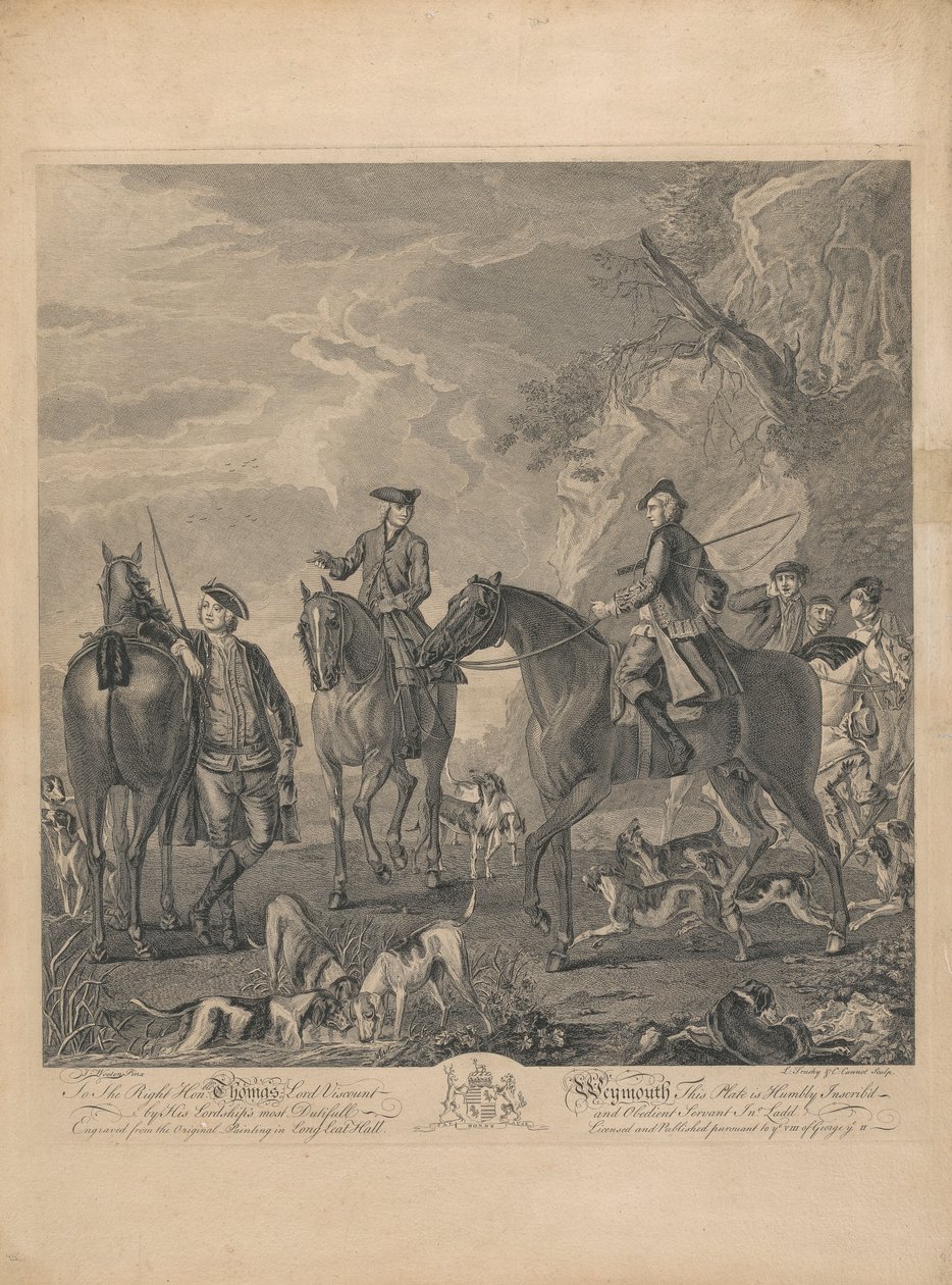 Egy hétből álló készlet, cím nélkül, mindegyik dedikált: A jobboldalnak. Thomas Lord Weymouth vikomt... a Long Leat Hall eredeti festményéből. [Lovasok és vadászkutyák pihennek egy sziklás tájon.] alkotó: L. Truchy