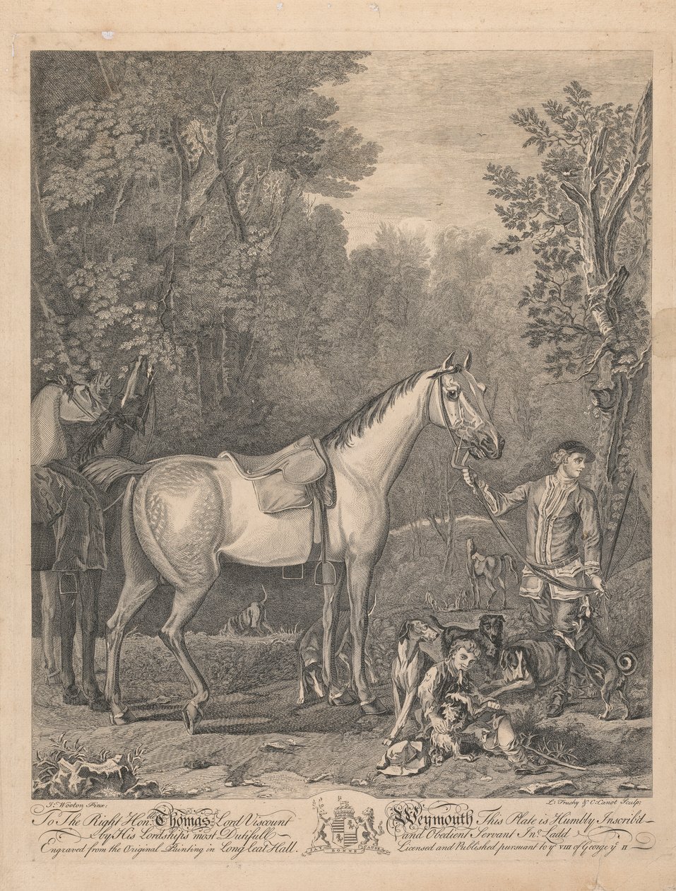 Egy hétből álló készlet, cím nélkül, mindegyik dedikált: A jobboldalnak. Thomas Lord Weymouth vikomt... a Long Leat Hall eredeti festményéből. [Két lovas egy parasztház mellett, útbaigazítást kérve egy paraszttól; bal oldalon egy kút, pár rókakutyával...] alkotó: L. Truchy