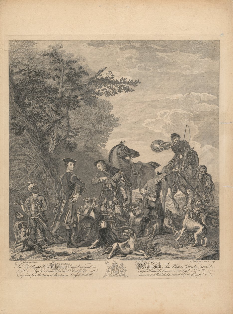 Egy hétből álló készlet, cím nélkül, mindegyik dedikált: A jobboldalnak. Thomas Lord Weymouth vikomt... a Long Leat Hall eredeti festményéből. [Az ölés: két lovas szállt le a lóról, az egyik rókát tartott a hangoskodó kopók fölött; a vadász a kürtjét fújja alkotó: L. Truchy