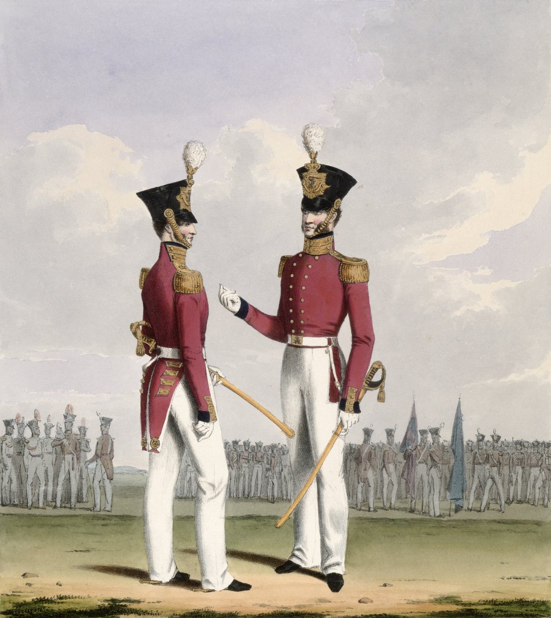 A Királyi Tengerészgyalogság tábori tisztjei, 2. tábla a „Királyi haditengerészet és tengerészgyalogosok jelmezéből”, a művészek metszete, 1830-37 körül alkotó: L. and Eschauzier, St. Mansion