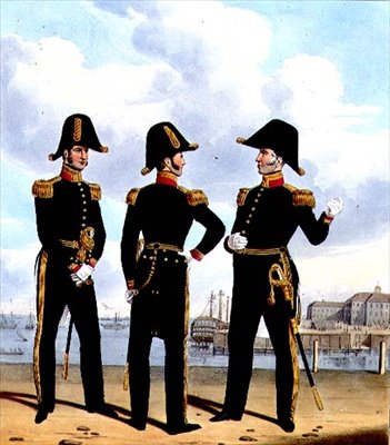 A flotta mestere és az orvosok, 13. tábla a „Királyi haditengerészet és tengerészgyalogosok jelmezéből”, a művészek metszete, 1830-37 körül (színes litó) alkotó: L. and Eschauzier St. Mansion