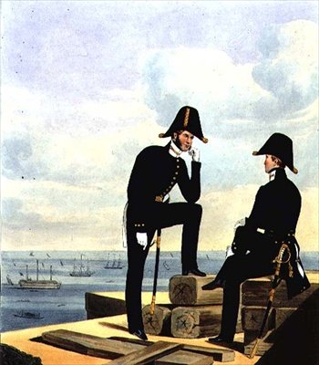 Társak, 12. tábla a „Királyi haditengerészet és tengerészgyalogság jelmezéből”, a művészek metszetei, 1830-37 körül (színes litó) alkotó: L. and Eschauzier St. Mansion
