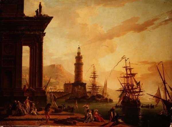 Egy mediterrán kikötő capriccioja holland fregatttal és egyéb szállítással alkotó: La Croix de Marseilles
