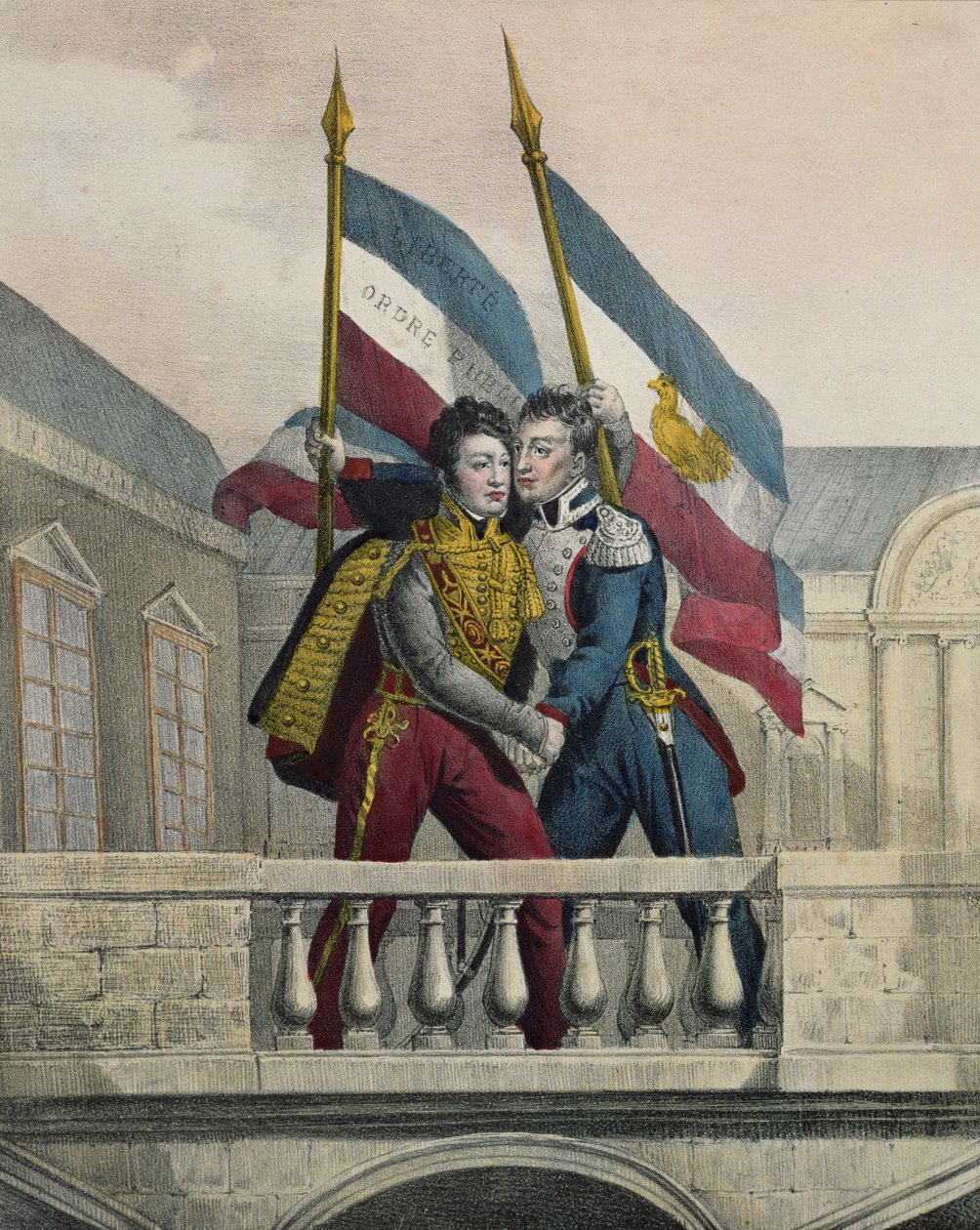 Orléans hercege átöleli La Fayette tábornokot, és felemeli a nemzeti színeket a Palais-Royal teraszán, 1830. július 30. alkotó: Labastide