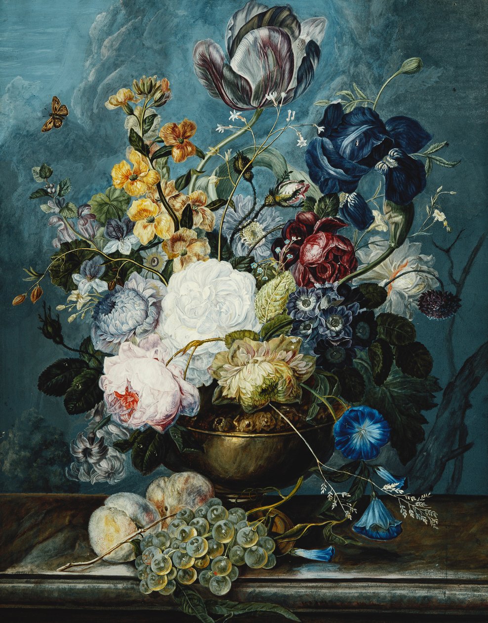 Rózsa, tulipán, írisz, dáliák, lamium, nefelejcsek, convolvulus, auricula és delphiniumok szőlővel és őszibarackkal vázában, kőpárkányon, alkotó: Ladislaus Tumal