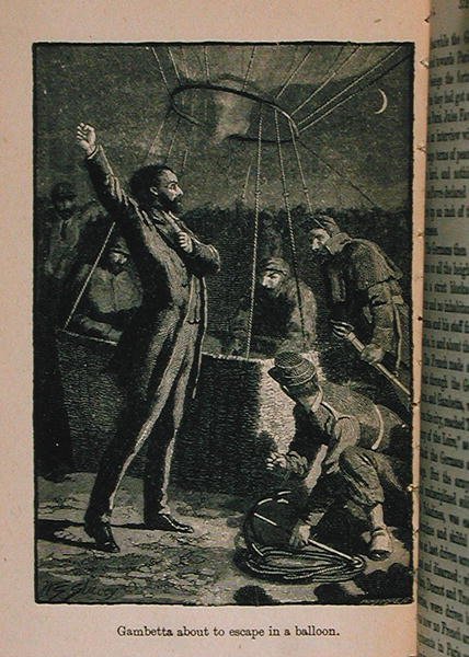 Gambetta egy léggömbben menekülni készül, illusztrációja a Little Arthurs History of France: A legkorábbi időktől a 2. birodalom bukásáig, 1899. alkotó: Lady M. Chalcott