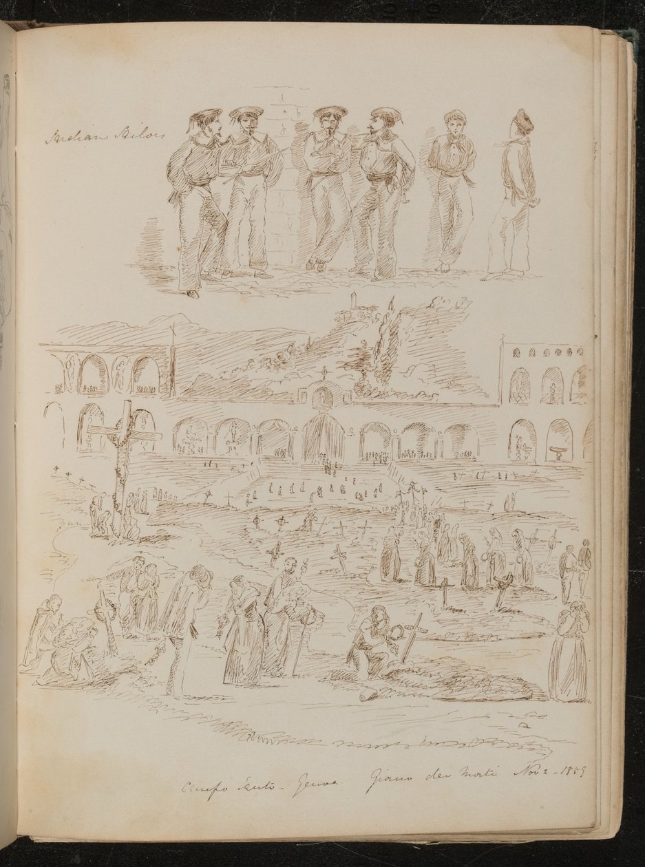 Hat „Szardian Sailors”, a „Cruifo Santo – Genova” feliratú templom és temető széles jelenete. Giorno dei Morti. 1859. november 2. (toll és tinta) alkotó: Lady  Butler
