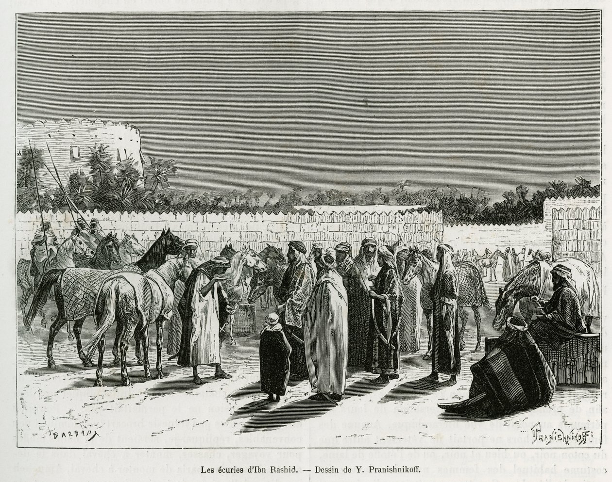 Muhammad Ibn Abdullah Al Rashid emír istállói, illusztráció a „Zarándoklat Nejdbe, az arab faj bölcsőjébe” című könyvből, amely a „World Tour”-ban jelent meg Edouard Charton vezetésével. alkotó: Lady Anne Blunt