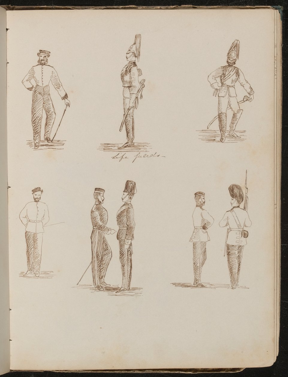 Nyolc tanulmány egyenruhás, álló katonákról, „Life Guards” felirattal alkotó: Lady Butler