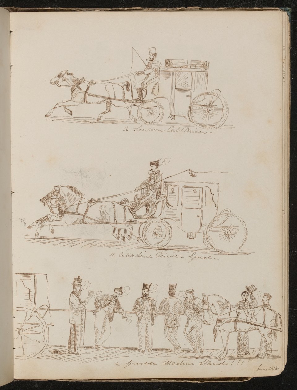 Tanulmányok "egy londoni taxisofőrről", "a Cittadine sofőrről - Genova" és "a genovai Cittadine standról", "június 26/61" alkotó: Lady Butler