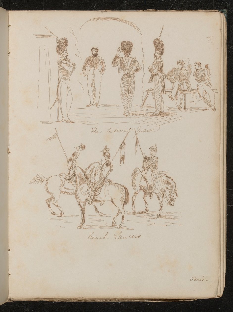 Tanulmányok „Császári gárda” feliratú katonákról, „French Lancers” feliratú lovas zászlós katonákról alkotó: Lady Butler