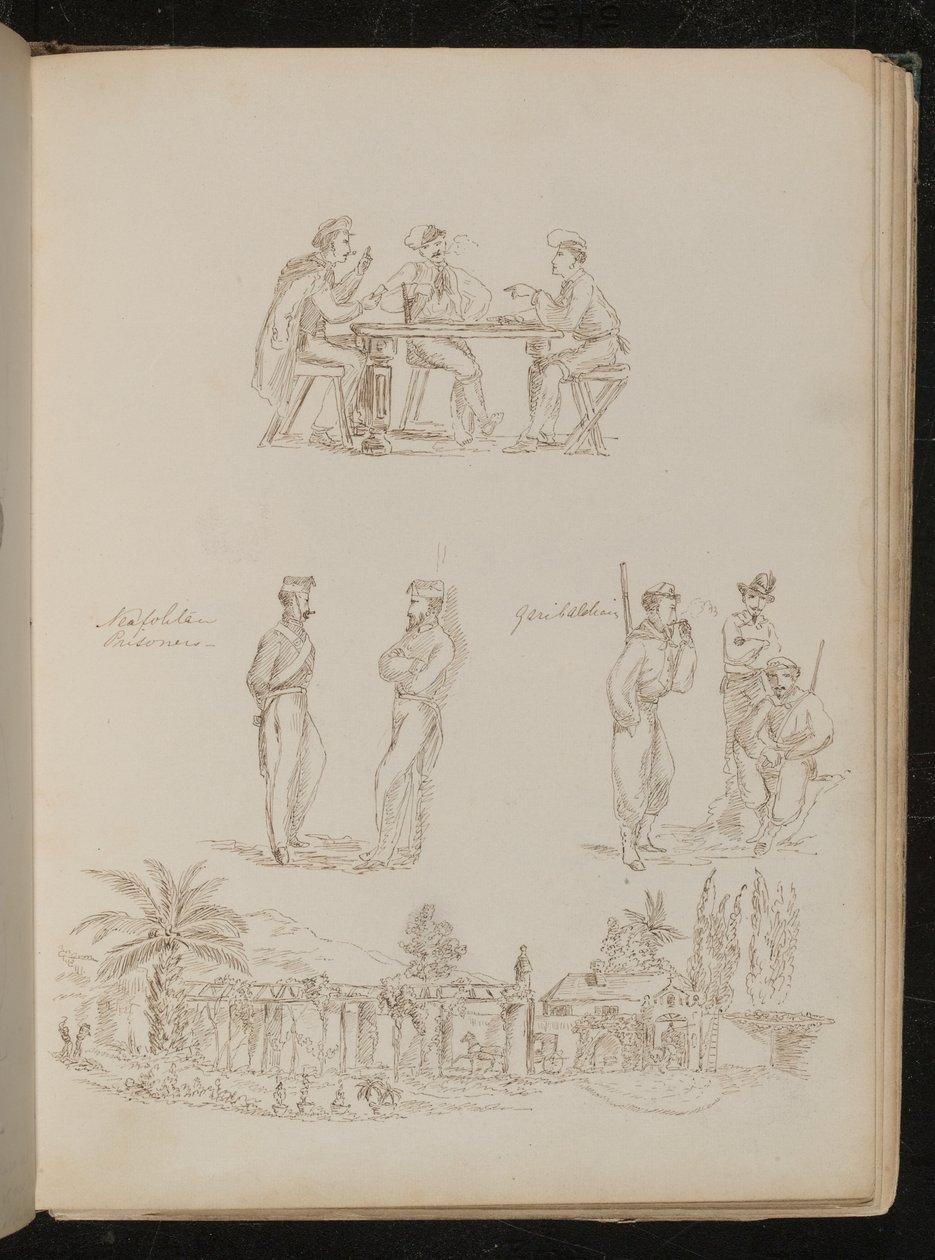 Három katona kártyázik, két "neopolita fogoly" beszélget, három "garibaldi" nyugodtan dohányzik, egy genovai villa alkotó: Lady Butler
