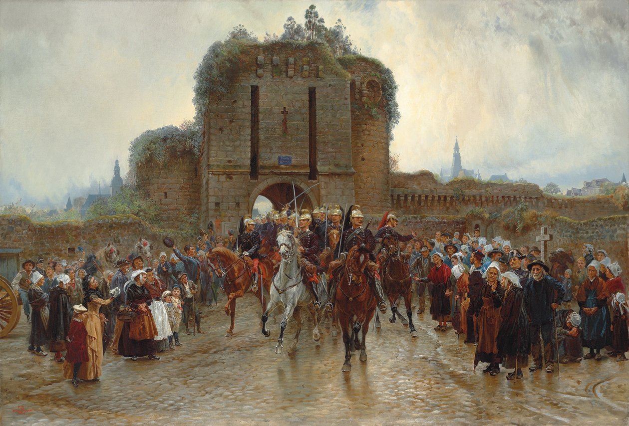 Elöl: francia lovasság egy breton várost elhagyó hadüzenetkor, 1888-89 alkotó: Lady Butler