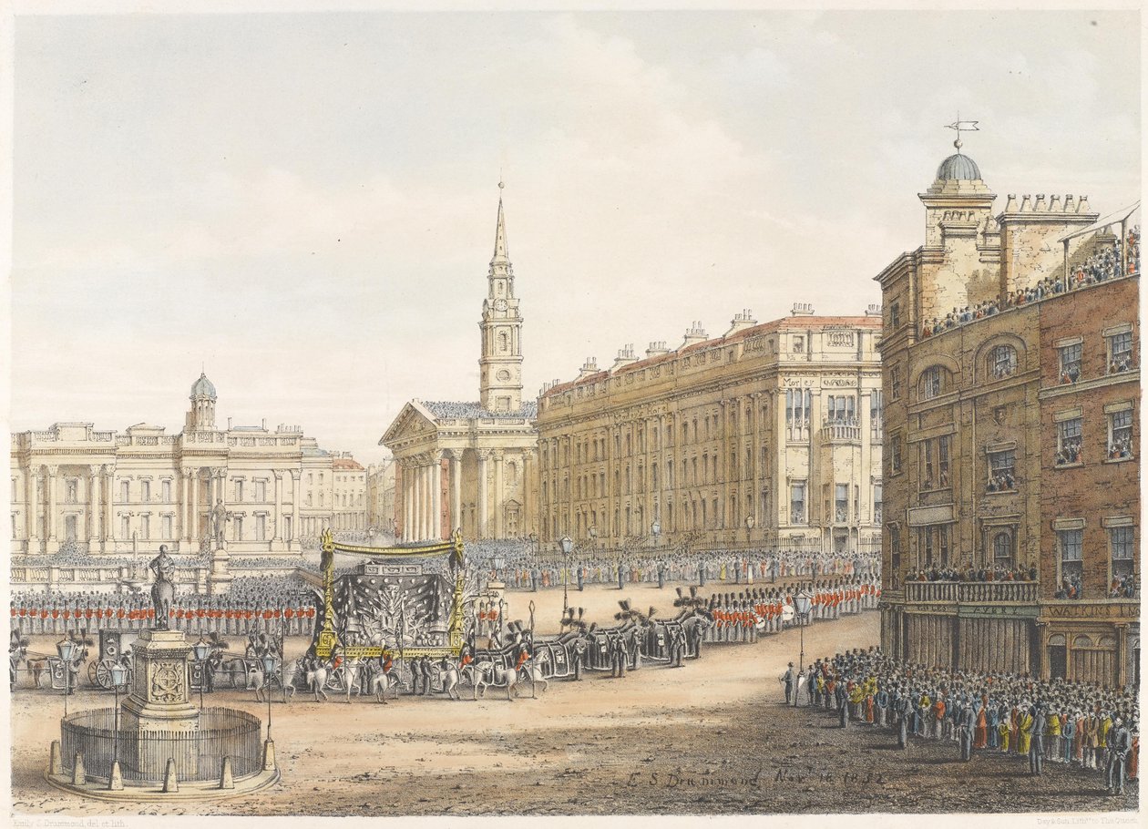 A temetkezési autó és körmenet Wellington hercegének állami temetésén a Mansion House mellett 1852. november 18-án alkotó: Lady Emily Drummond