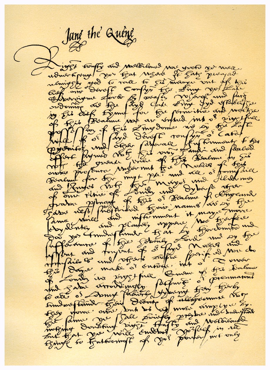 Lady Jane Gray levele William Parrnak, 1553. július 10. alkotó: Lady Jane Grey