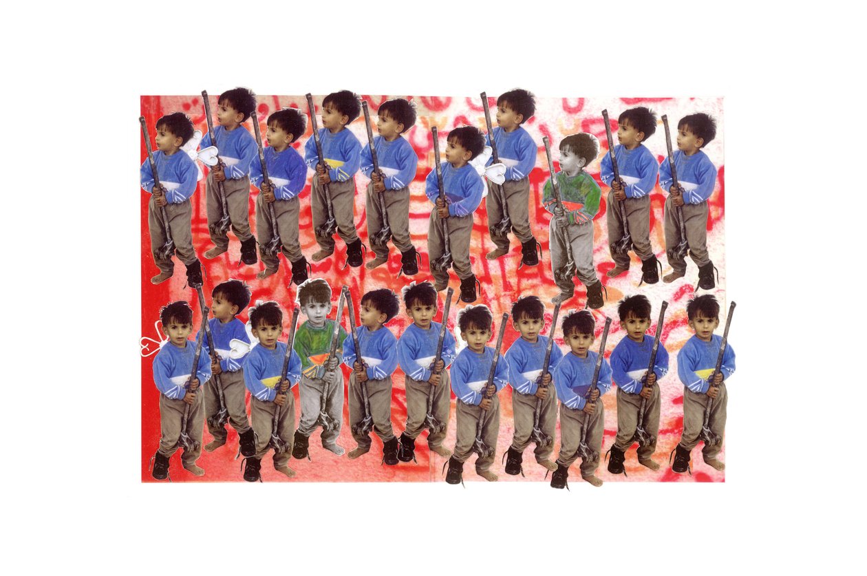 Boy Soldiers, 2005-2006 (kollázs és acetát papíron) alkotó: Laila Shawa