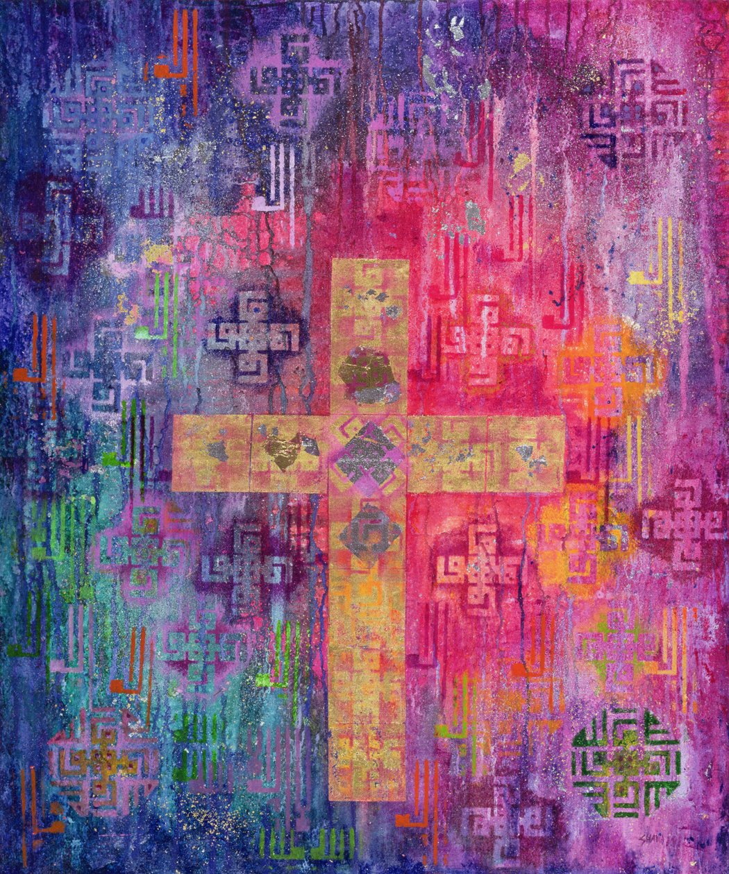 Keleti kereszt, 2000 (akril és arany levél vászonon) alkotó: Laila Shawa