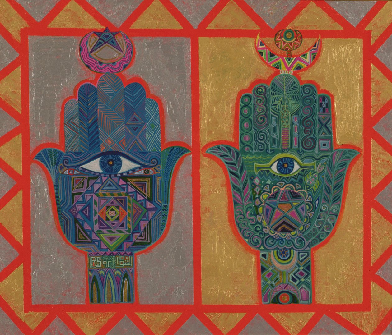 Védő kezek, 1992 (akril a táblán) alkotó: Laila Shawa