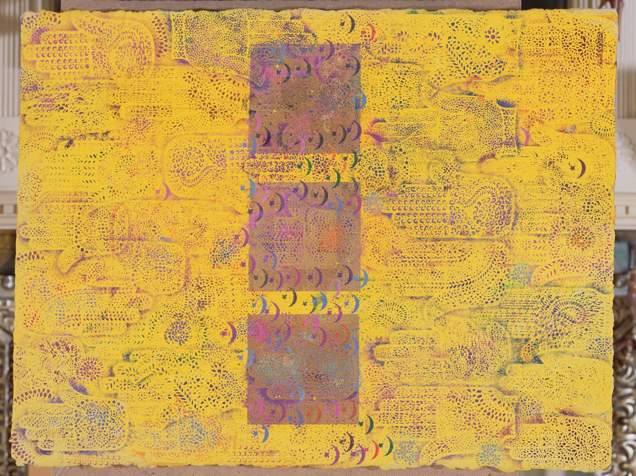 Cím nélkül, 1999 (akril és arany levél papíron) alkotó: Laila Shawa