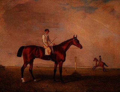 Bay versenyló zsokéval egy versenypályán alkotó: Lambert Marshall