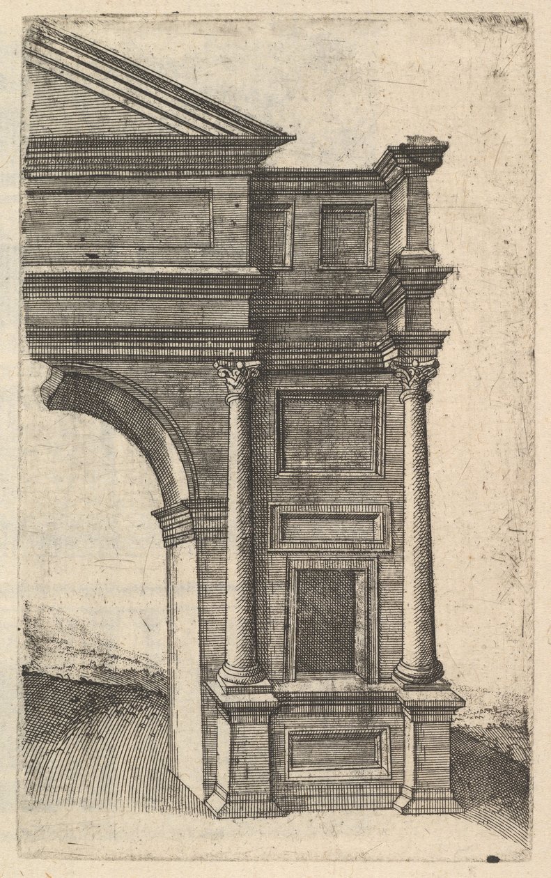 Egy boltív fele [Porta Antonae] a „Ruinarum variarum fabricarum delineate...” sorozatból, 1554 alkotó: Lambert Suavius