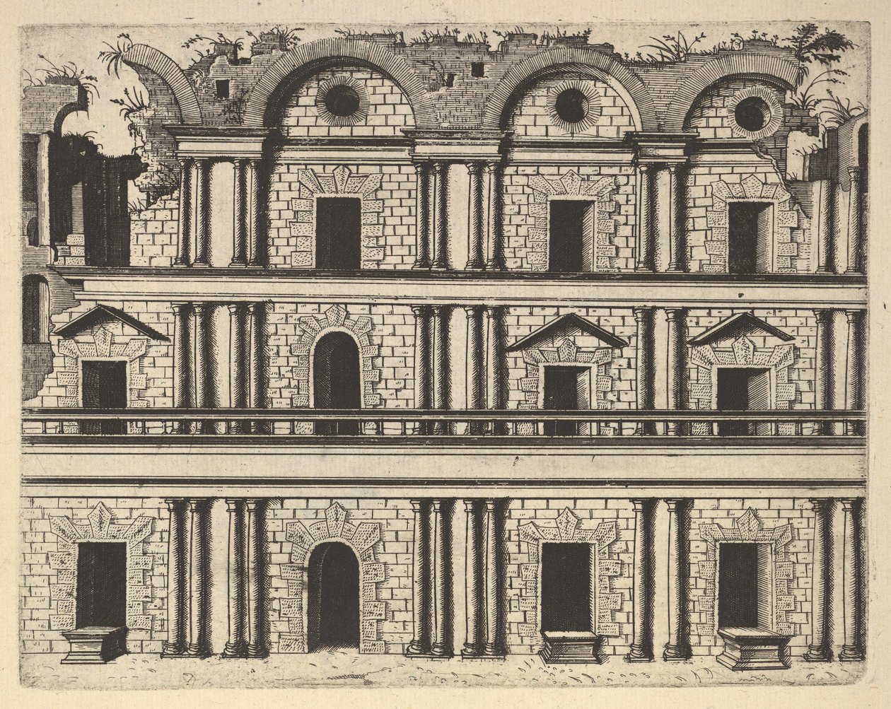 Palota homlokzatának romja [M. Agrippa palotája] a „Ruinarum variarum fabricaru...” sorozatból, 1554 alkotó: Lambert Suavius